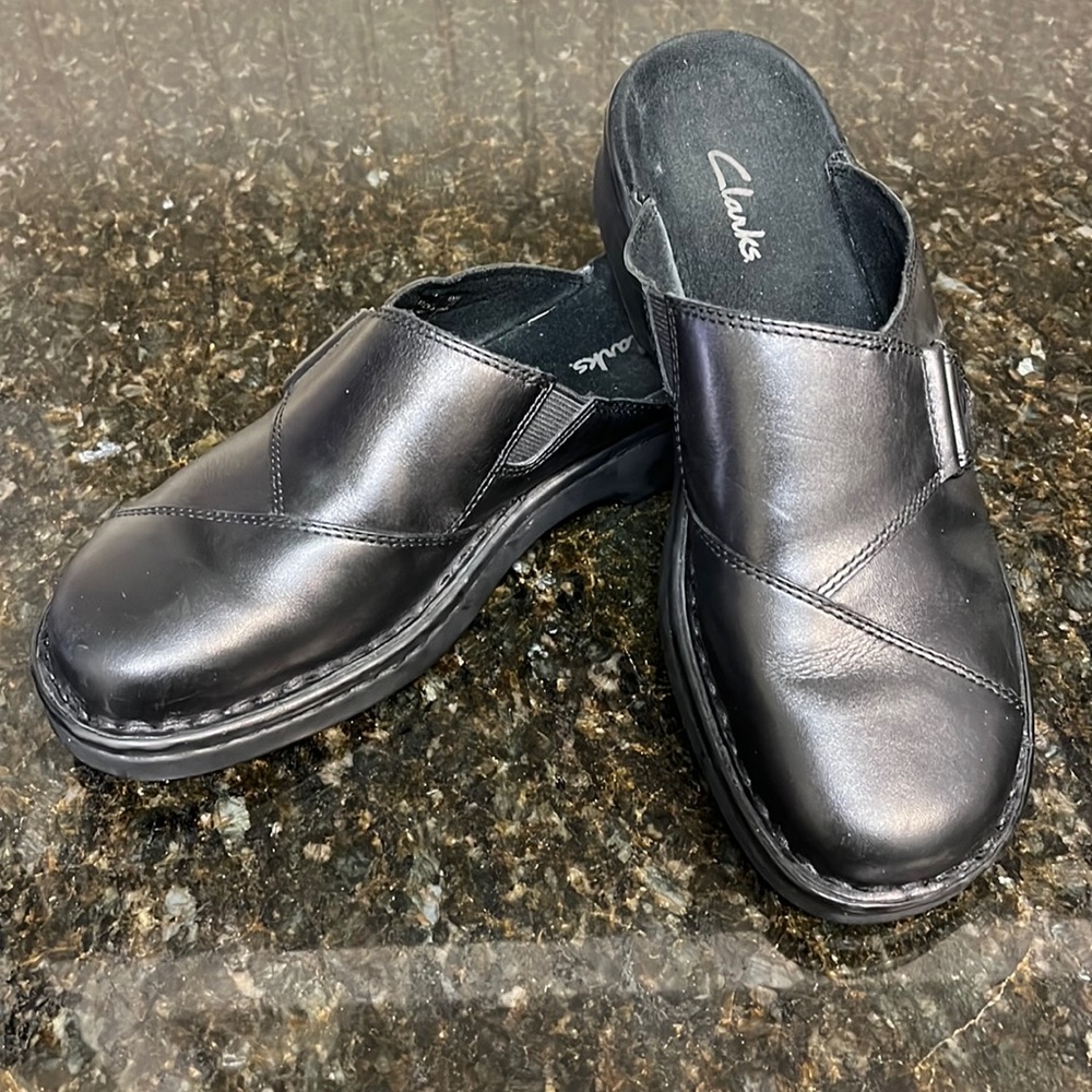 Clarks Black Leather Mules